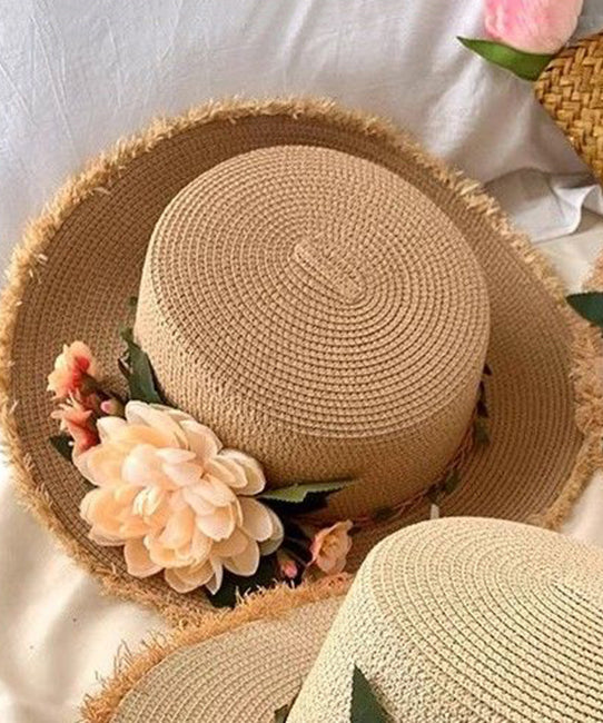 Beige French Handmade Straw Woven Hat Cloche Flower