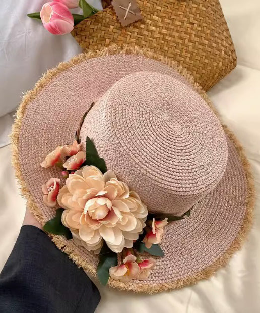 Beige French Handmade Straw Woven Hat Cloche Flower