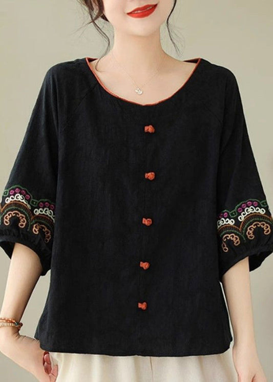 Patchwork Tops Black Embroidere Sleeve Handmade Half
