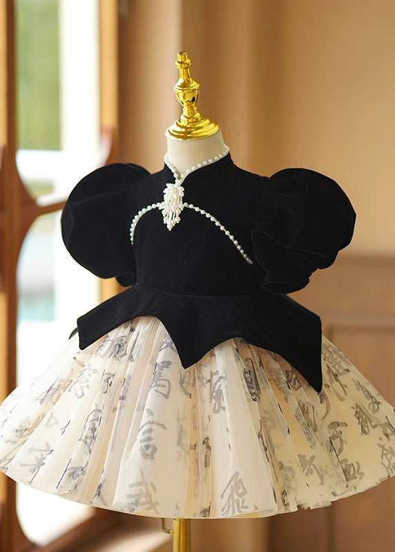 Short Floral Girls Long Tulle Handmade Black Patchwork Dresses