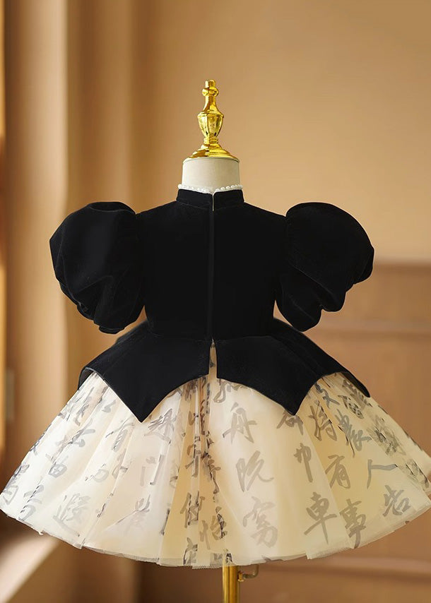 Short Floral Girls Long Tulle Handmade Black Patchwork Dresses