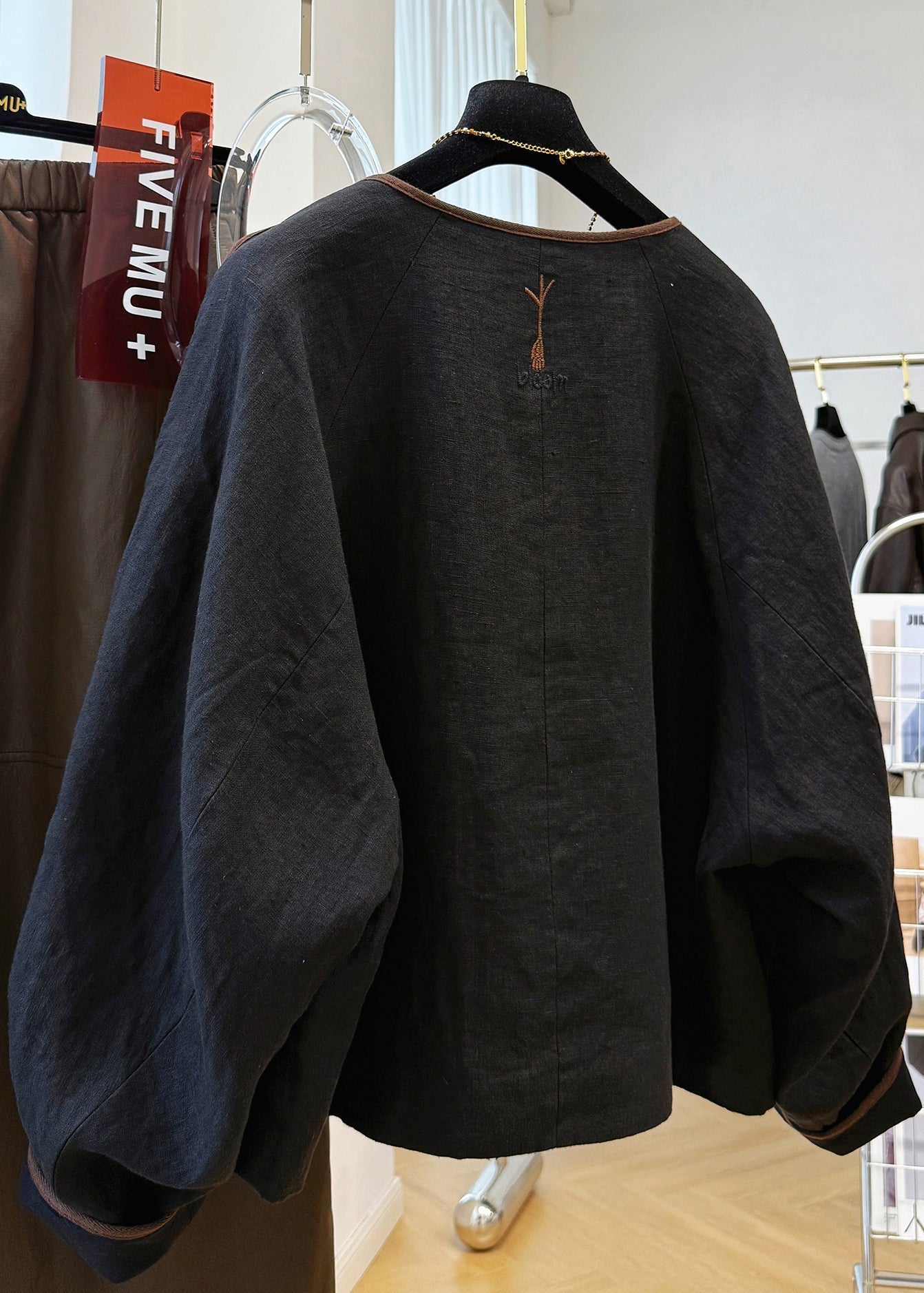 Black Fall O Neck Coat Handmade Linen Patchwork Embroidered