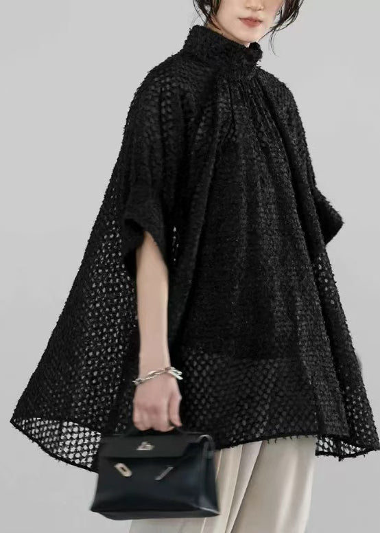 Handmade Tulle Black Half Shirt Sheer Sleeve Collar Stand