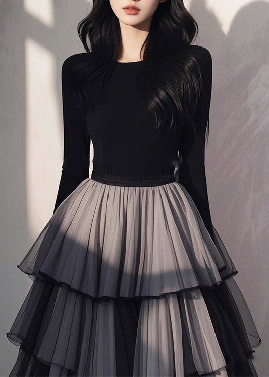 Spring Dress Handmade Patchwork Black Tulle Wrinkled Long