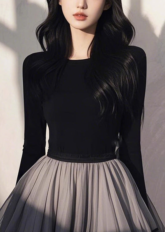 Spring Dress Handmade Patchwork Black Tulle Wrinkled Long