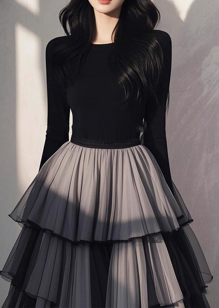 Spring Dress Handmade Patchwork Black Tulle Wrinkled Long