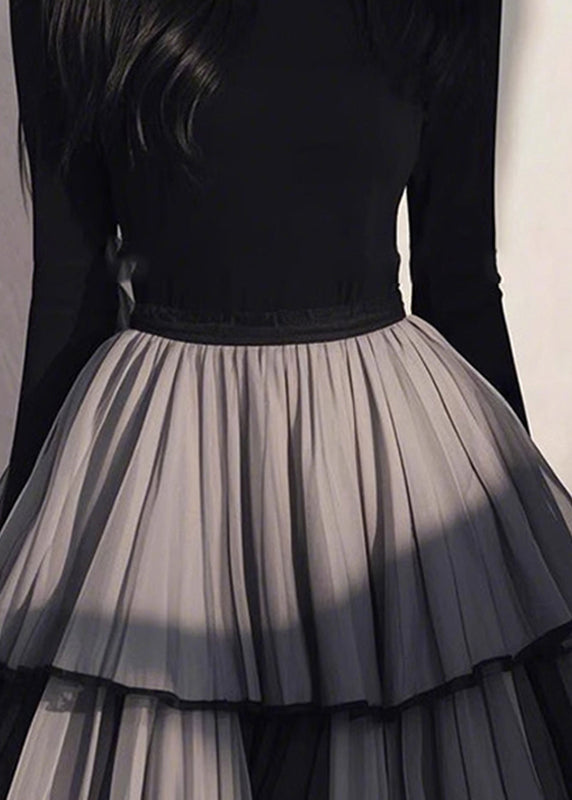 Spring Dress Handmade Patchwork Black Tulle Wrinkled Long