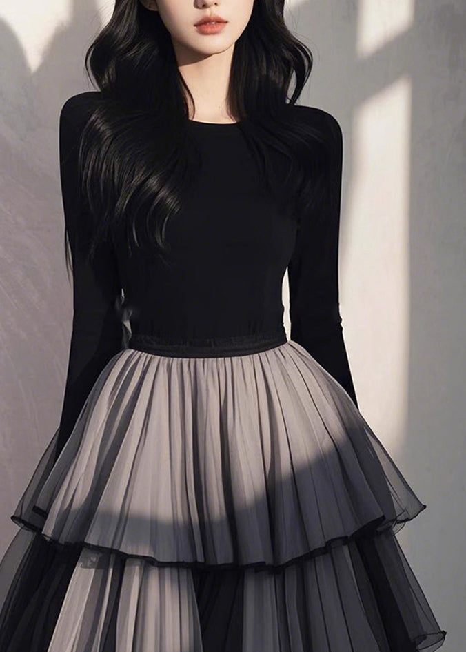 Spring Dress Handmade Patchwork Black Tulle Wrinkled Long