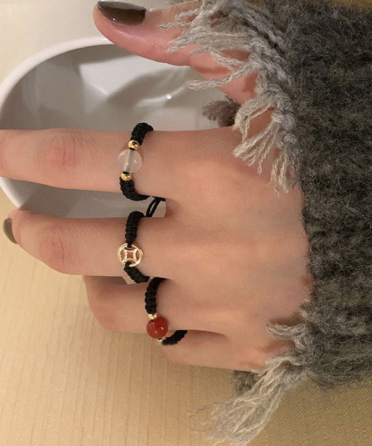 Rings Agate Three-Piece Black Handmade Weave Coin Copper Crystal