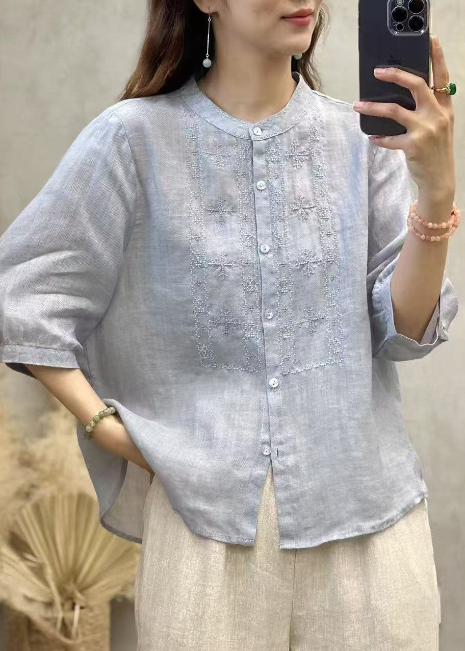 Tops Handmade Linen Sleeve Blue Half Embroidered