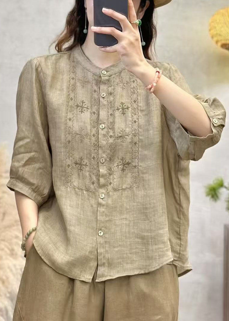 Tops Handmade Linen Sleeve Blue Half Embroidered