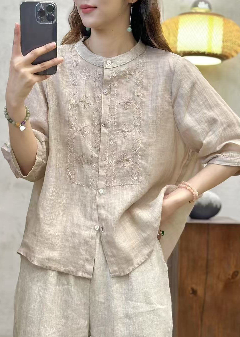 Tops Handmade Linen Sleeve Blue Half Embroidered