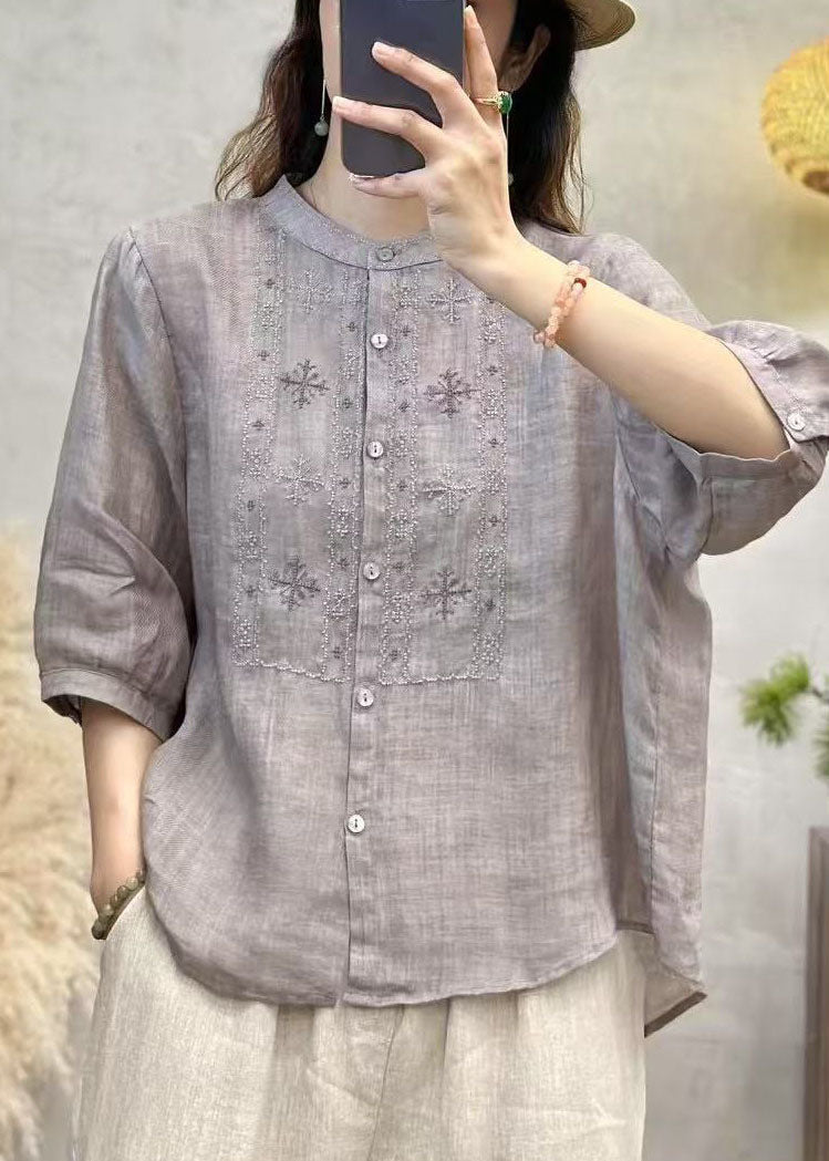 Tops Handmade Linen Sleeve Blue Half Embroidered