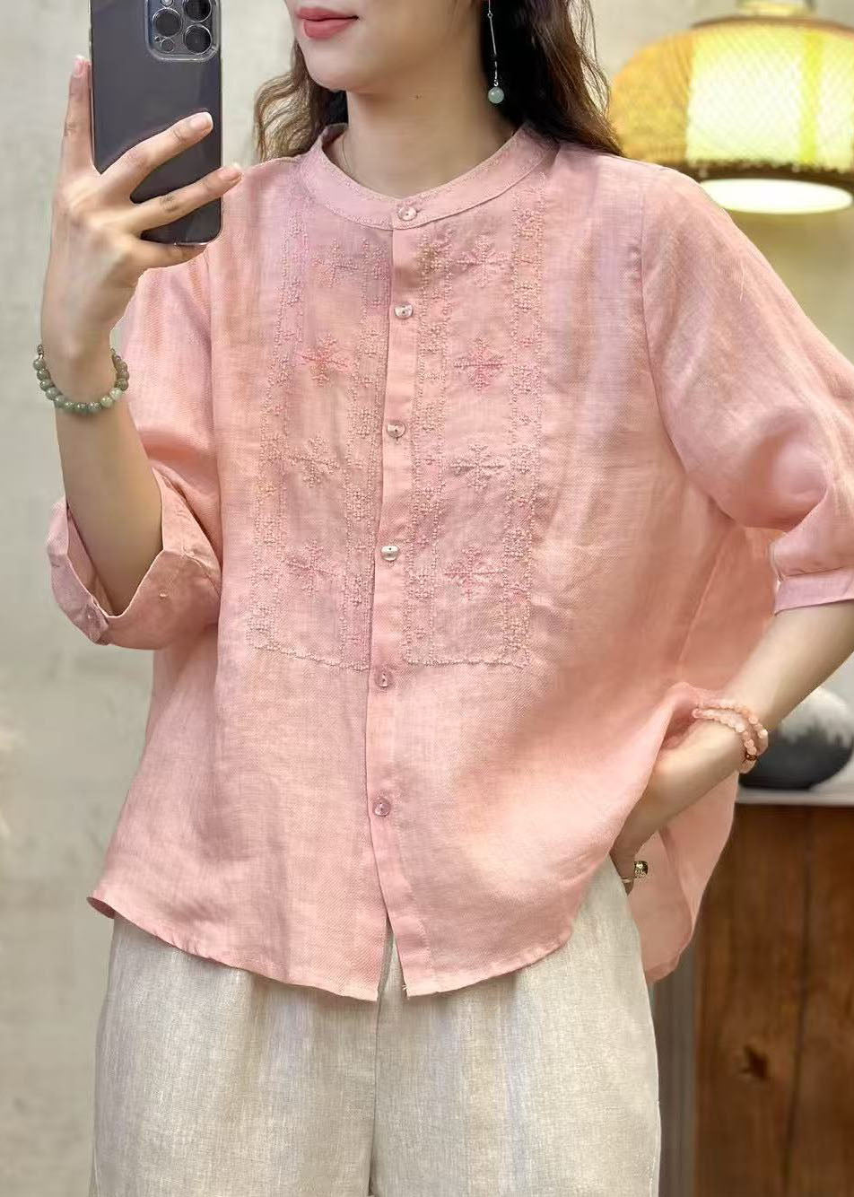 Tops Handmade Linen Sleeve Blue Half Embroidered