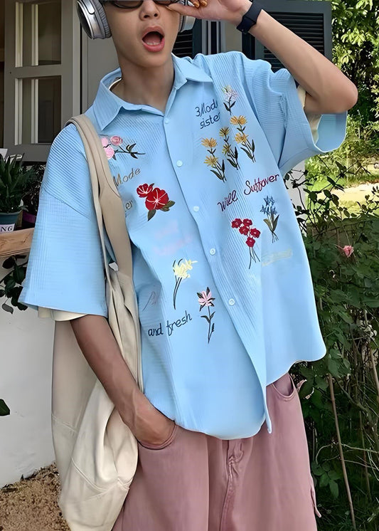 Handmade Embroideried Plaid Cotton Blue Mens Shirt Summer