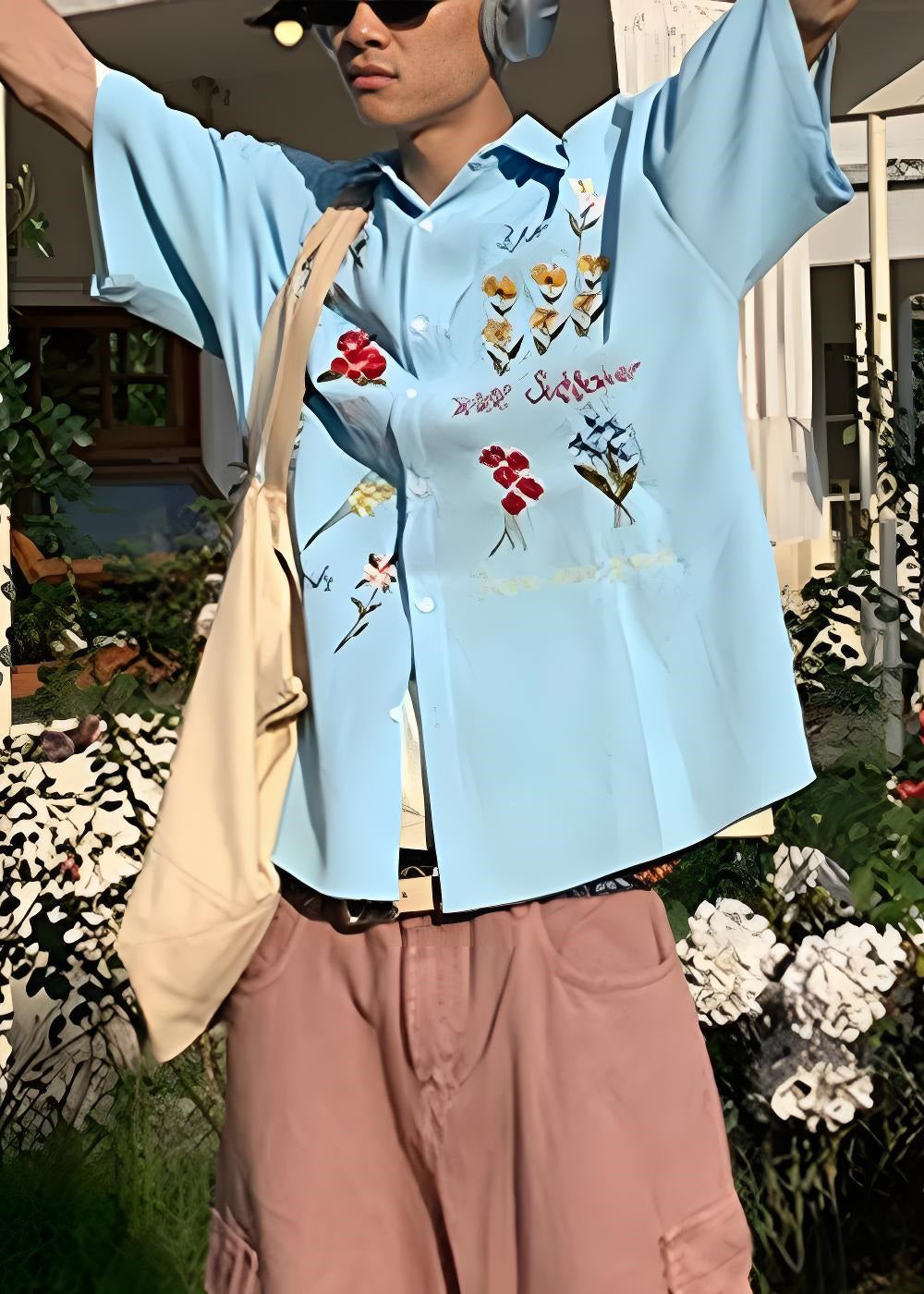 Handmade Embroideried Plaid Cotton Blue Mens Shirt Summer