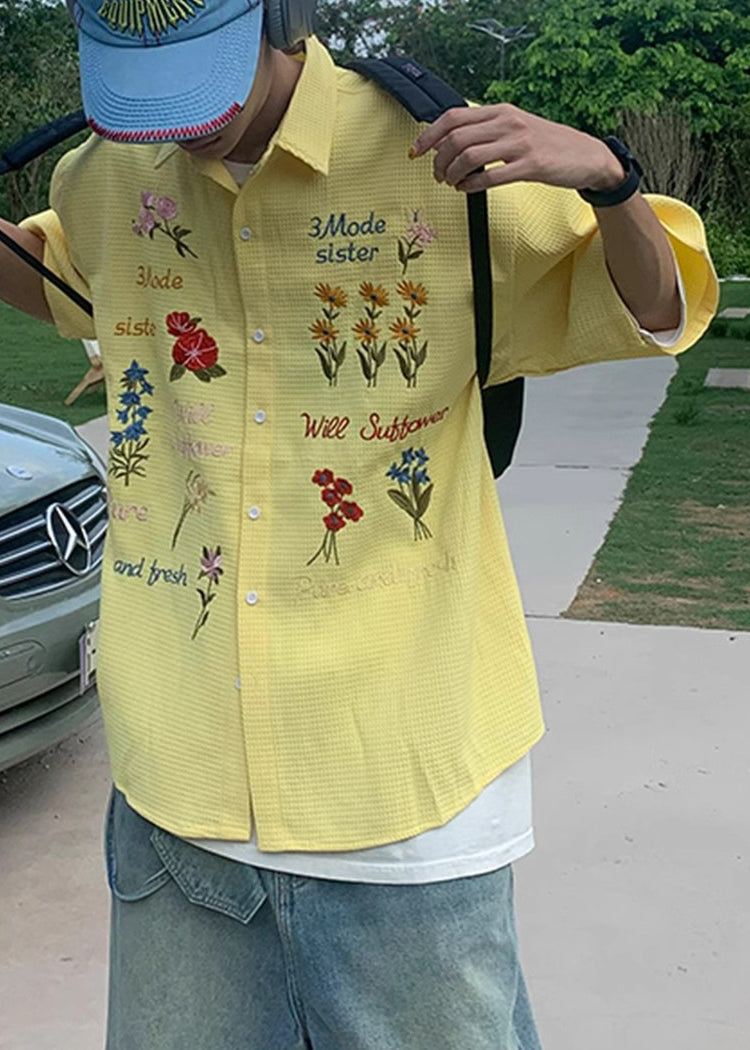 Handmade Embroideried Plaid Cotton Blue Mens Shirt Summer