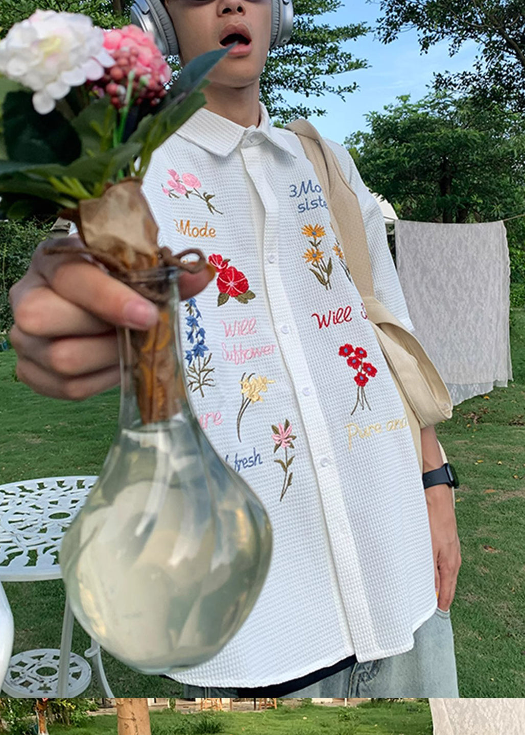 Handmade Embroideried Plaid Cotton Blue Mens Shirt Summer