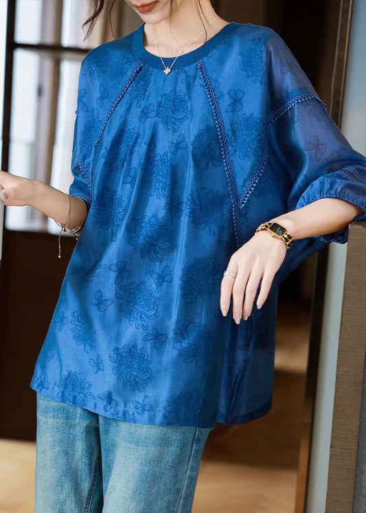 Handgemachtes blaues O-Ausschnitt-Oberteil mit Schmetterlings-Print und Armbandärmeln WW019