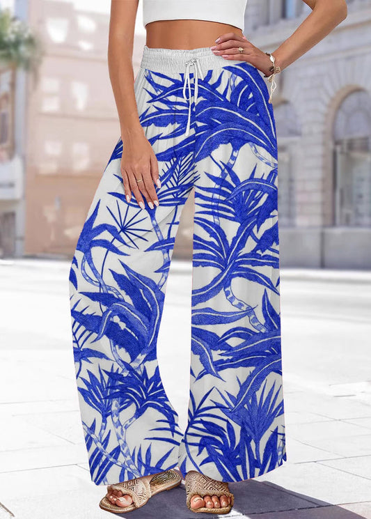 Summer Waist Pants Leg Handmade Print Elastic Blue Wide