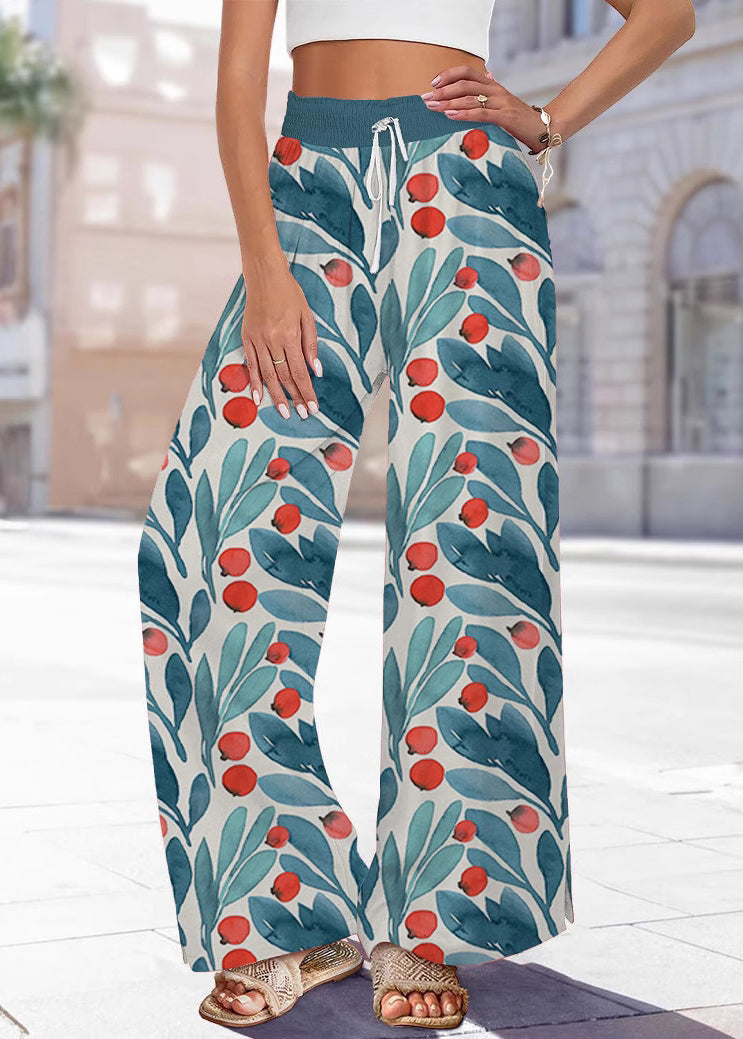 Summer Waist Pants Leg Handmade Print Elastic Blue Wide