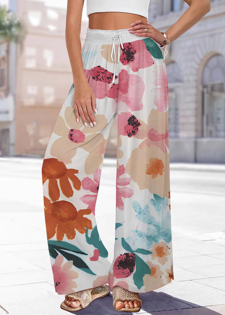 Summer Waist Pants Leg Handmade Print Elastic Blue Wide