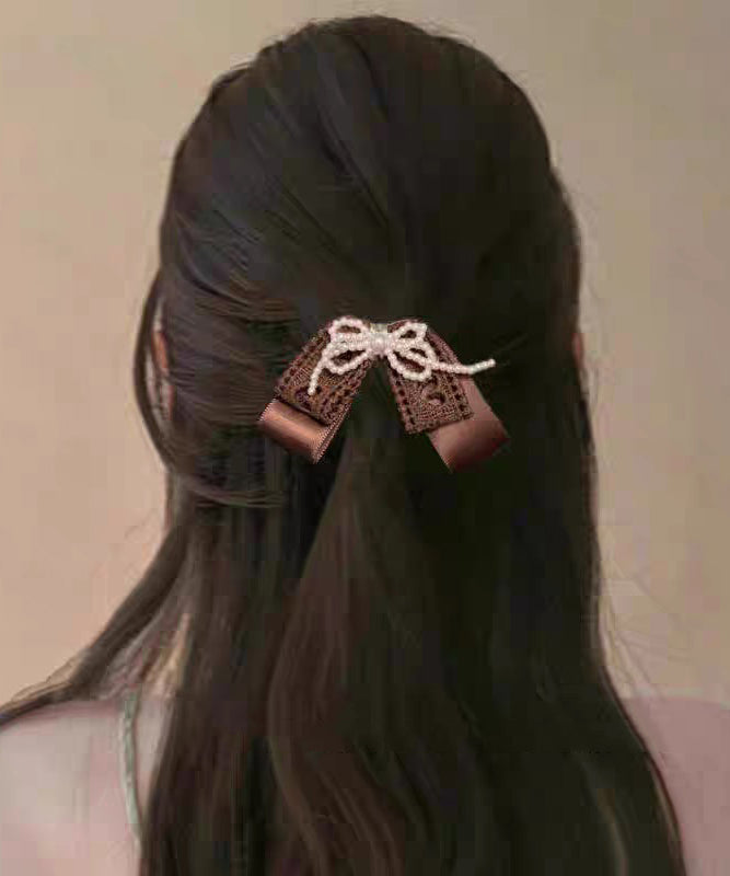 Hairpin Handmade Bow Fabric Pearl Art Brown