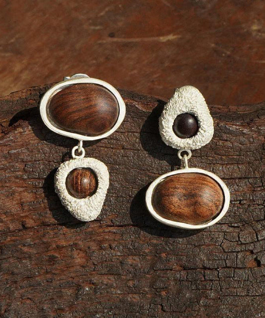 Handmade Asymmetrical Sanding Brown Earrings Sandalwood Drop
