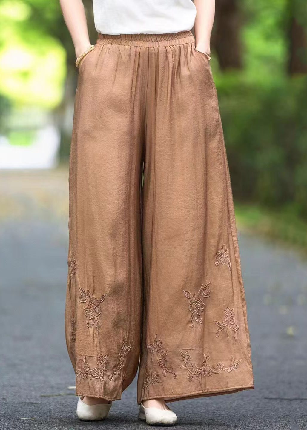 Silk Pockets Solid Handmade Pants Waist Brown Summer Elastic