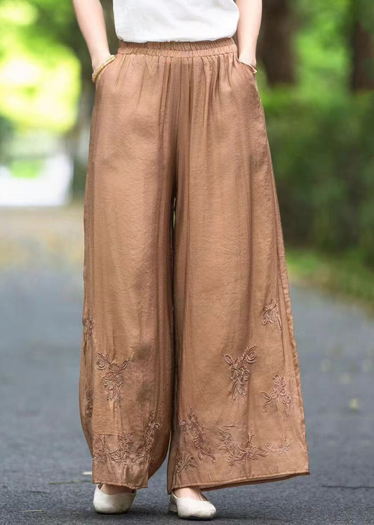 Silk Pockets Solid Handmade Pants Waist Brown Summer Elastic