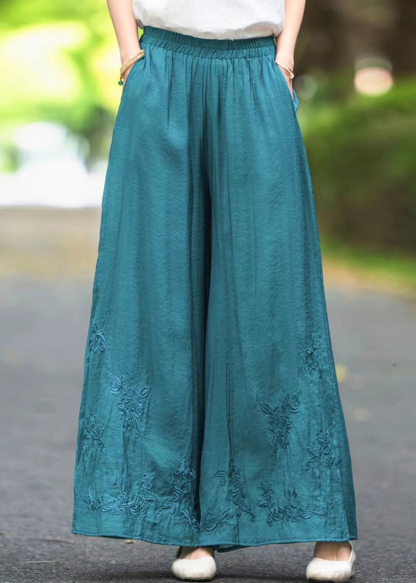 Silk Pockets Solid Handmade Pants Waist Brown Summer Elastic