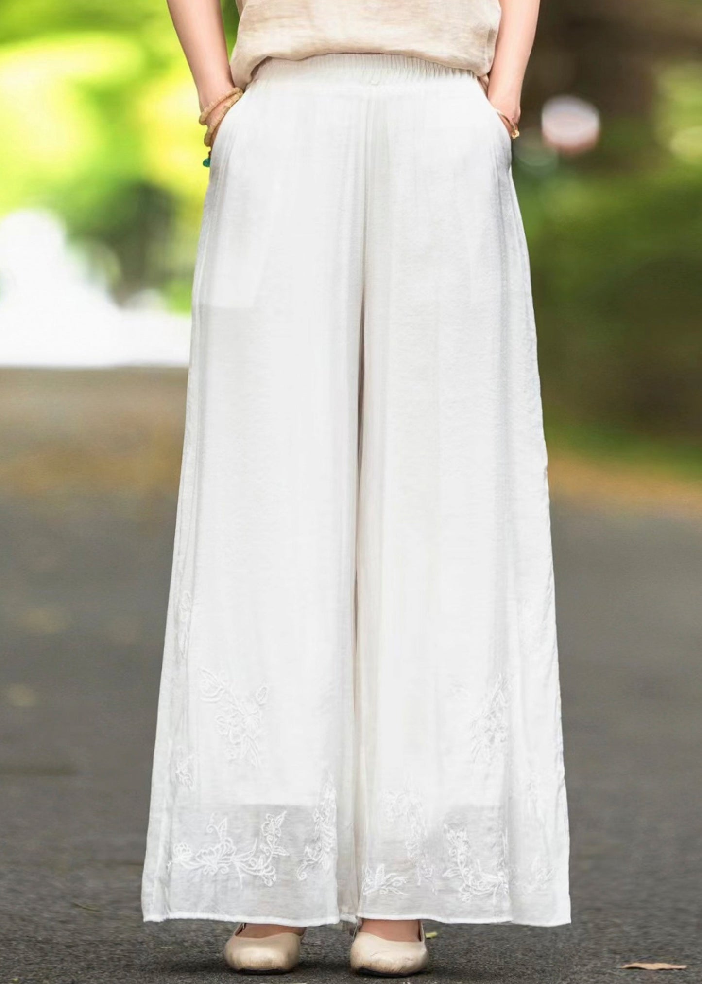 Silk Pockets Solid Handmade Pants Waist Brown Summer Elastic