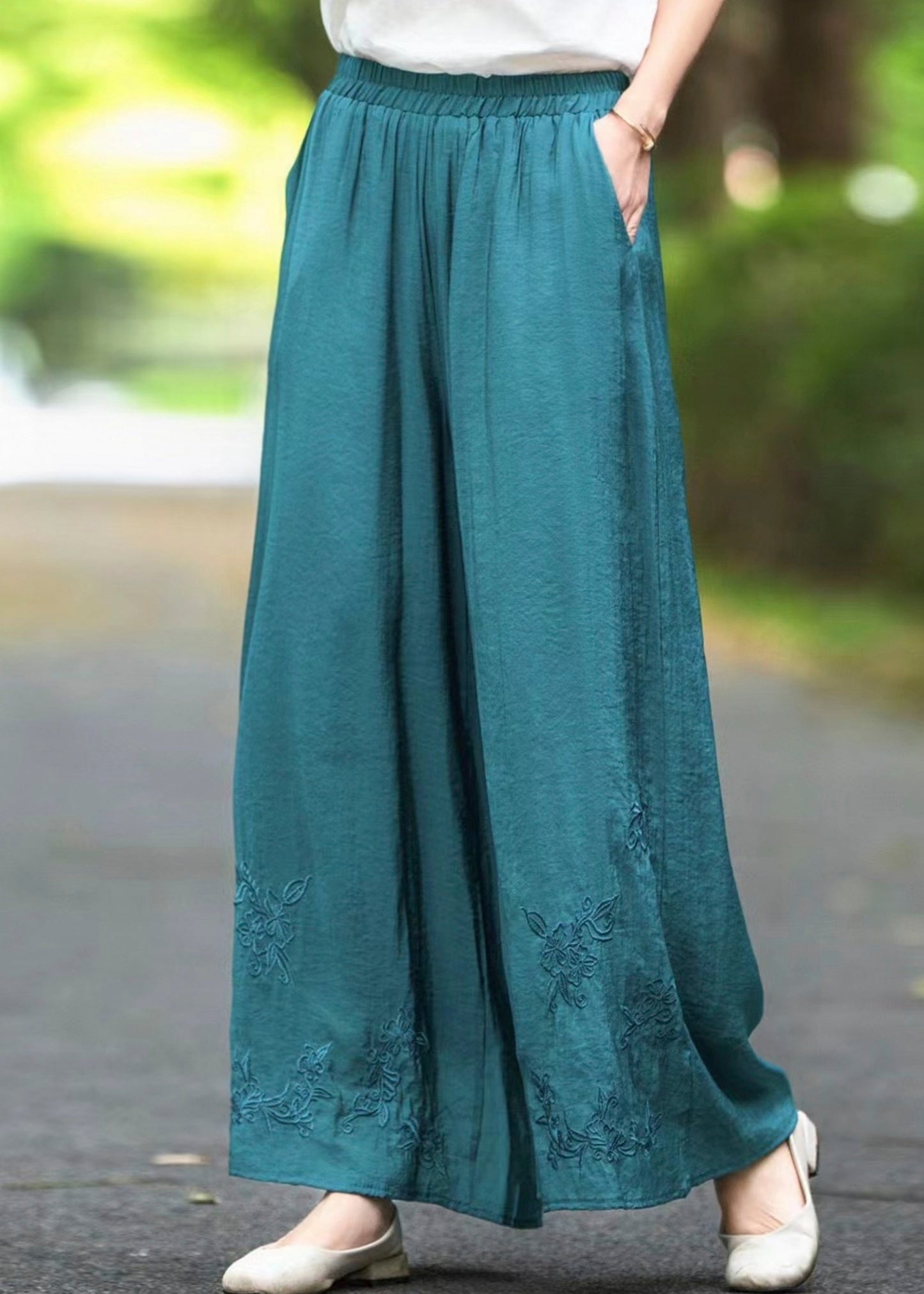 Silk Pockets Solid Handmade Pants Waist Brown Summer Elastic