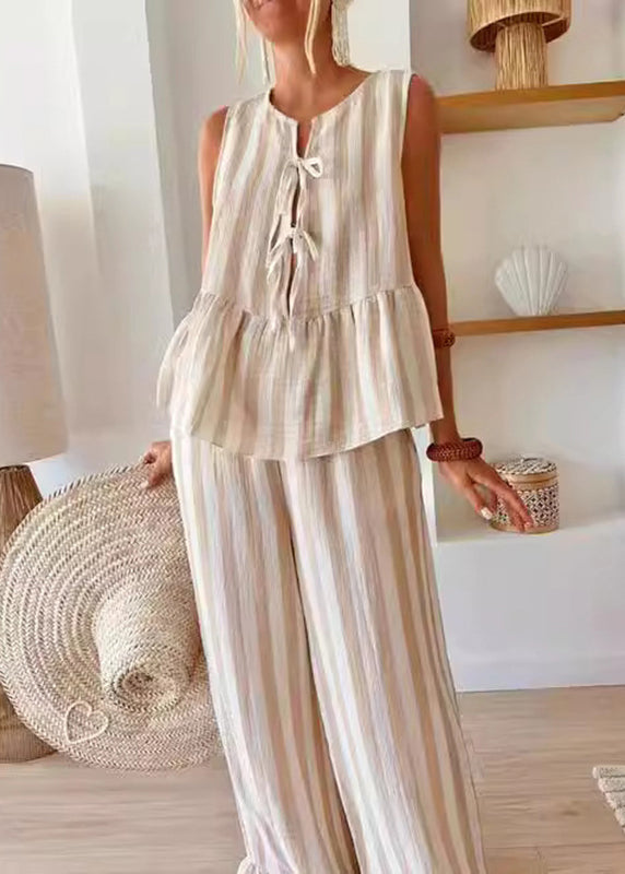 And Striped Leg Summer Pants O-Neck Top Pieces Handmade Camel Two Wide Set