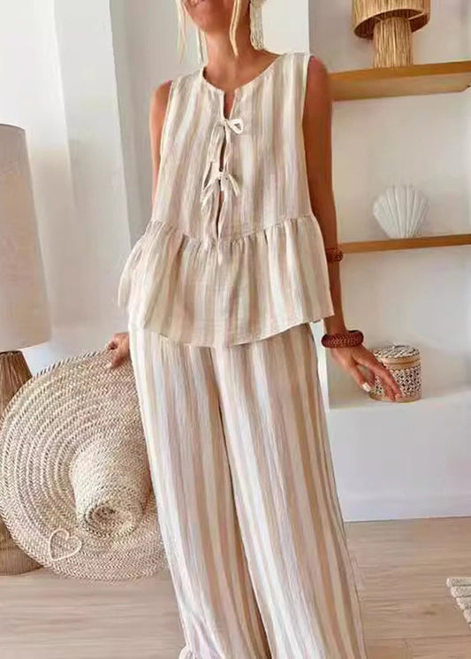 And Striped Leg Summer Pants O-Neck Top Pieces Handmade Camel Two Wide Set