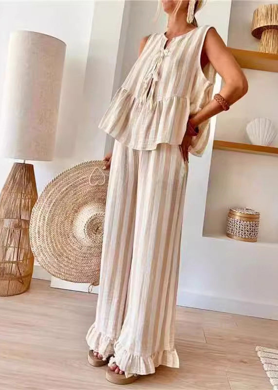 And Striped Leg Summer Pants O-Neck Top Pieces Handmade Camel Two Wide Set