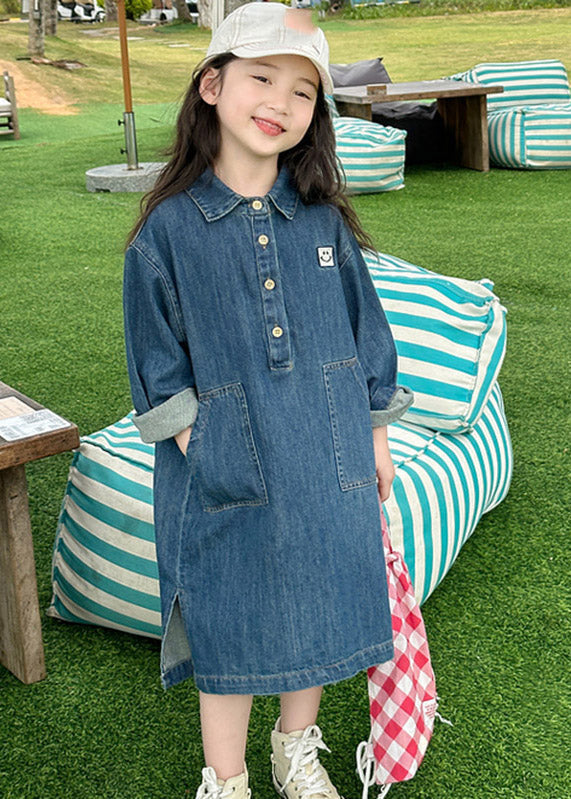 Handmade Denim Blue Peter Pan Collar Patchwork Button Kids Long Dress Spring TV024