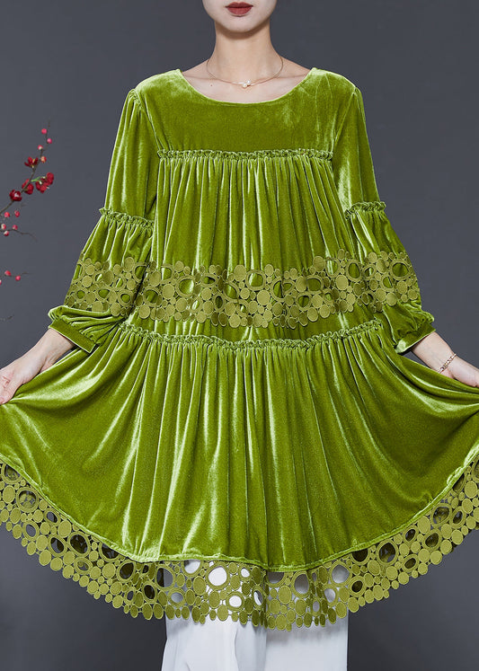 Handmade Grass Green Oversized Patchwork Silk Velvet Dresses Spring SD1103