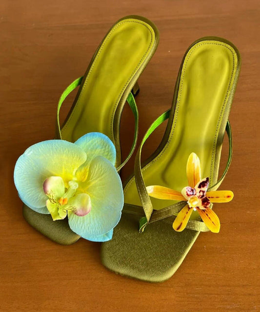 Flops Stiletto Handmade Silk Floral Asymmetrical Flip Green Heels