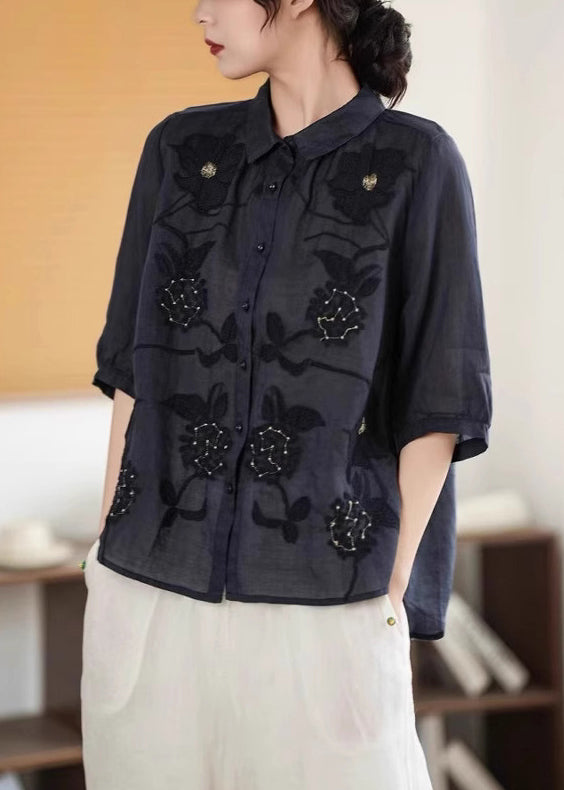 Half Green Sleeve Linen Handmade Embroidered Shirt Button