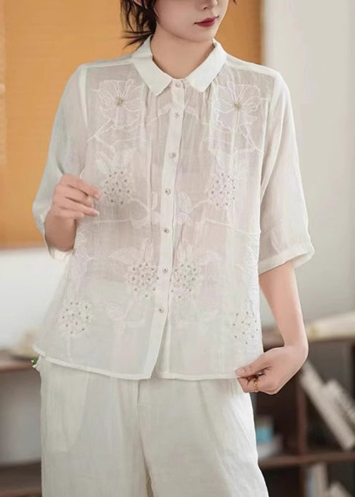 Half Green Sleeve Linen Handmade Embroidered Shirt Button