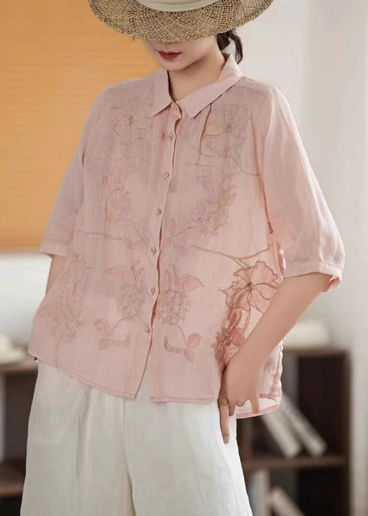 Half Green Sleeve Linen Handmade Embroidered Shirt Button