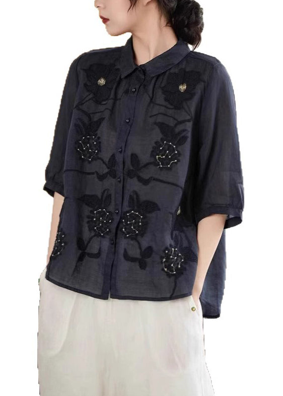 Half Green Sleeve Linen Handmade Embroidered Shirt Button