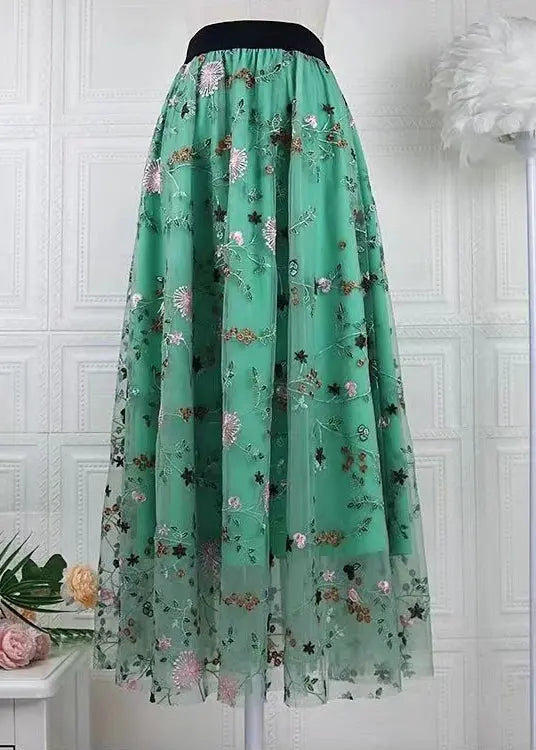 Handmade Green Embroidered Elastic Waist Tulle Skirts Spring HA1014 Ada Fashion