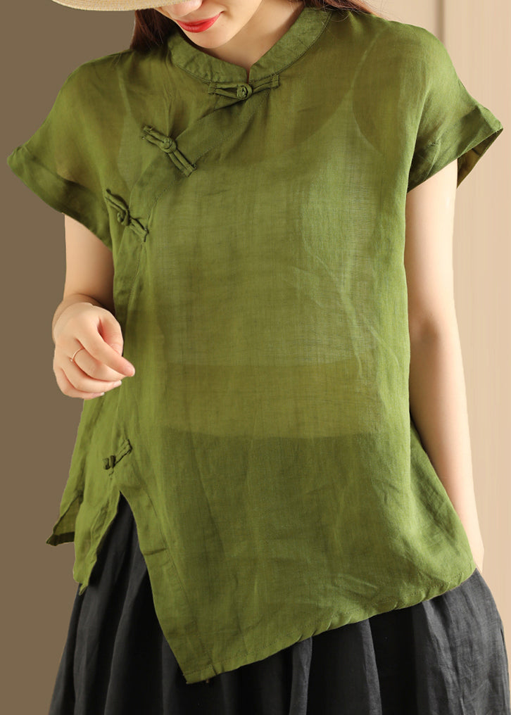 Stand Linen Top Collar Button Green Summer Handmade