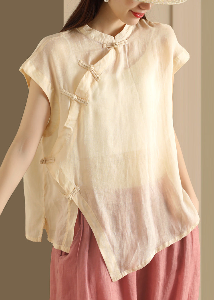 Stand Linen Top Collar Button Green Summer Handmade