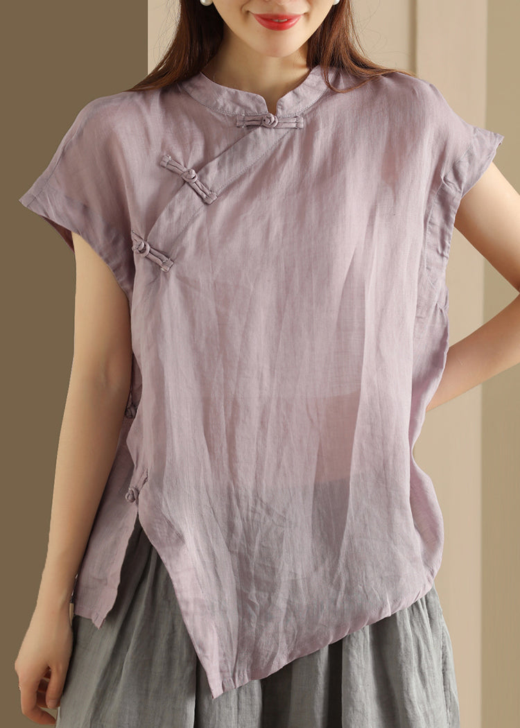 Stand Linen Top Collar Button Green Summer Handmade