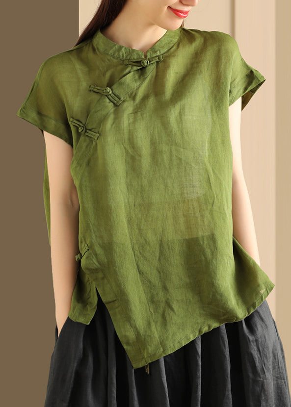 Stand Linen Top Collar Button Green Summer Handmade