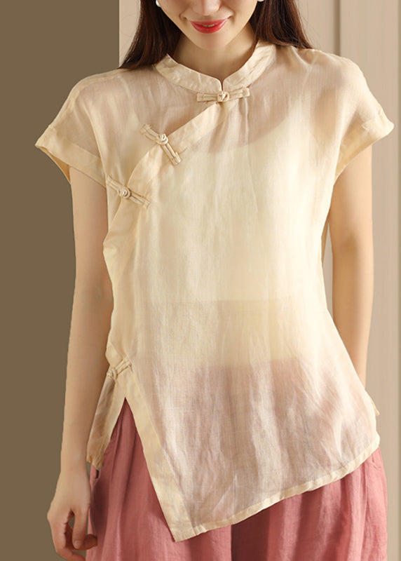 Stand Linen Top Collar Button Green Summer Handmade