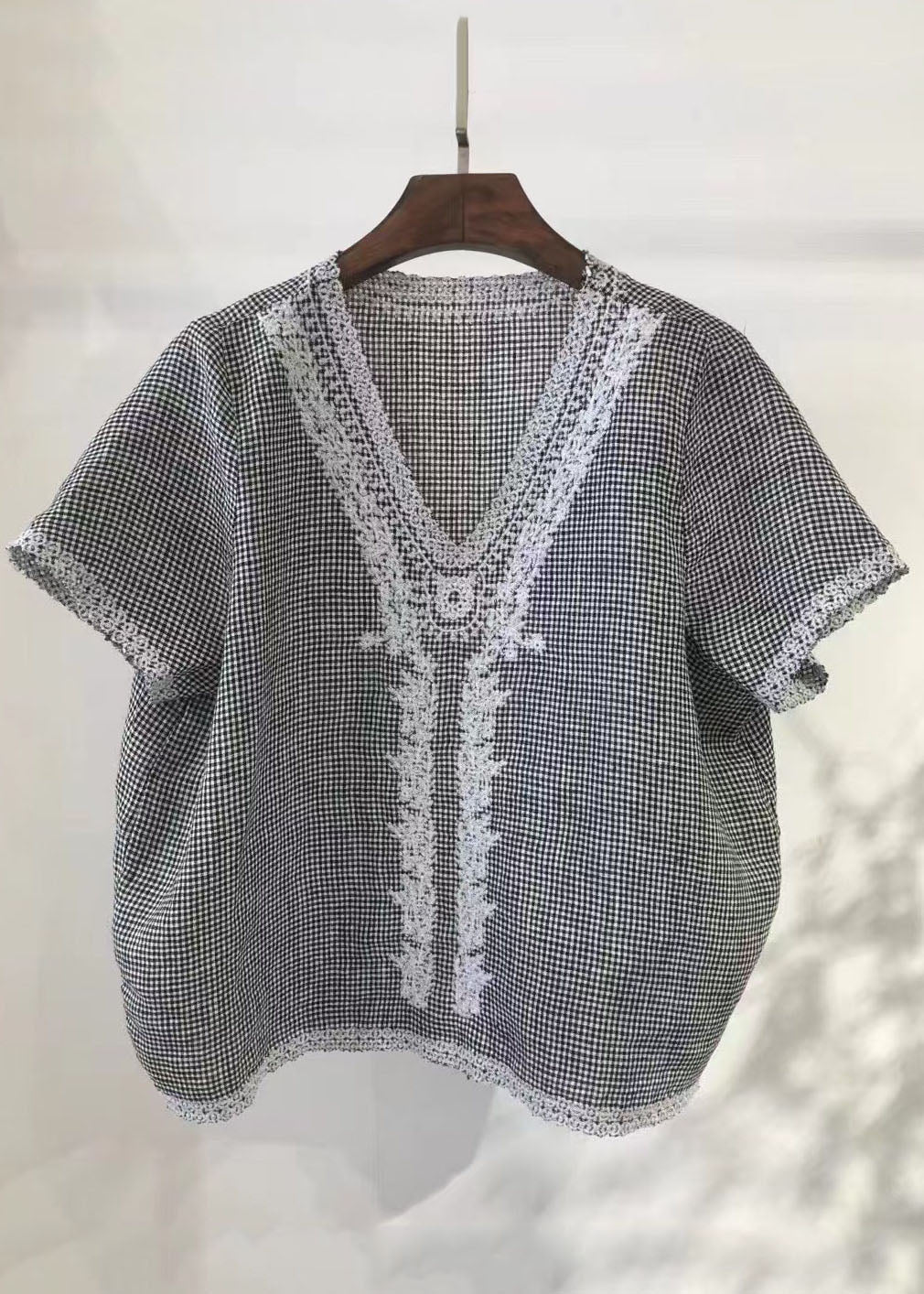 Embroideried Summer Grey Plaid Linen Vest Beach Handmade